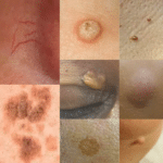 Square image of 8 different types of skin blemishes - RED VEINS AND SPIDER NAEVI, SKIN TAGS, MILIA, WARTS/VERRUCAS, SEBORRHOEIC KERATOSIS, SEBACEOUS CYST, SYRINGOMA, XANTHELASMA, AGE SPOT REMOVAL, MOLE REDUCTION. Covering various skin conditions.