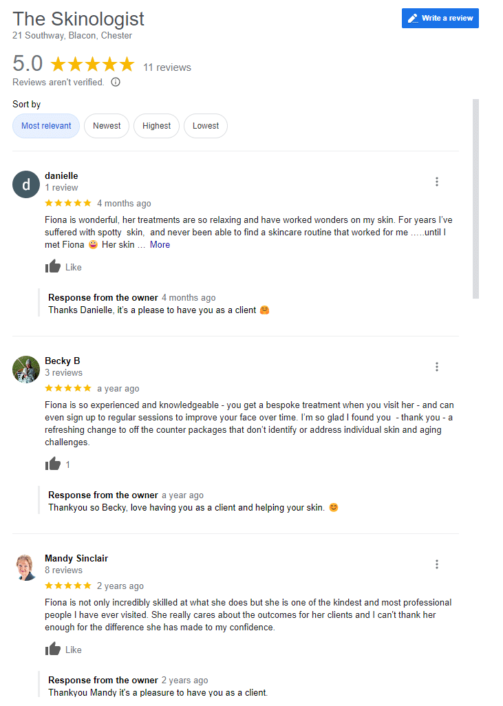 The Skinologists 11 five star Google reviews screenshot. For out Chester skin clinic.